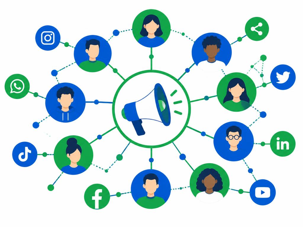 Illustration of one message spreading through a network of connected people and social channels